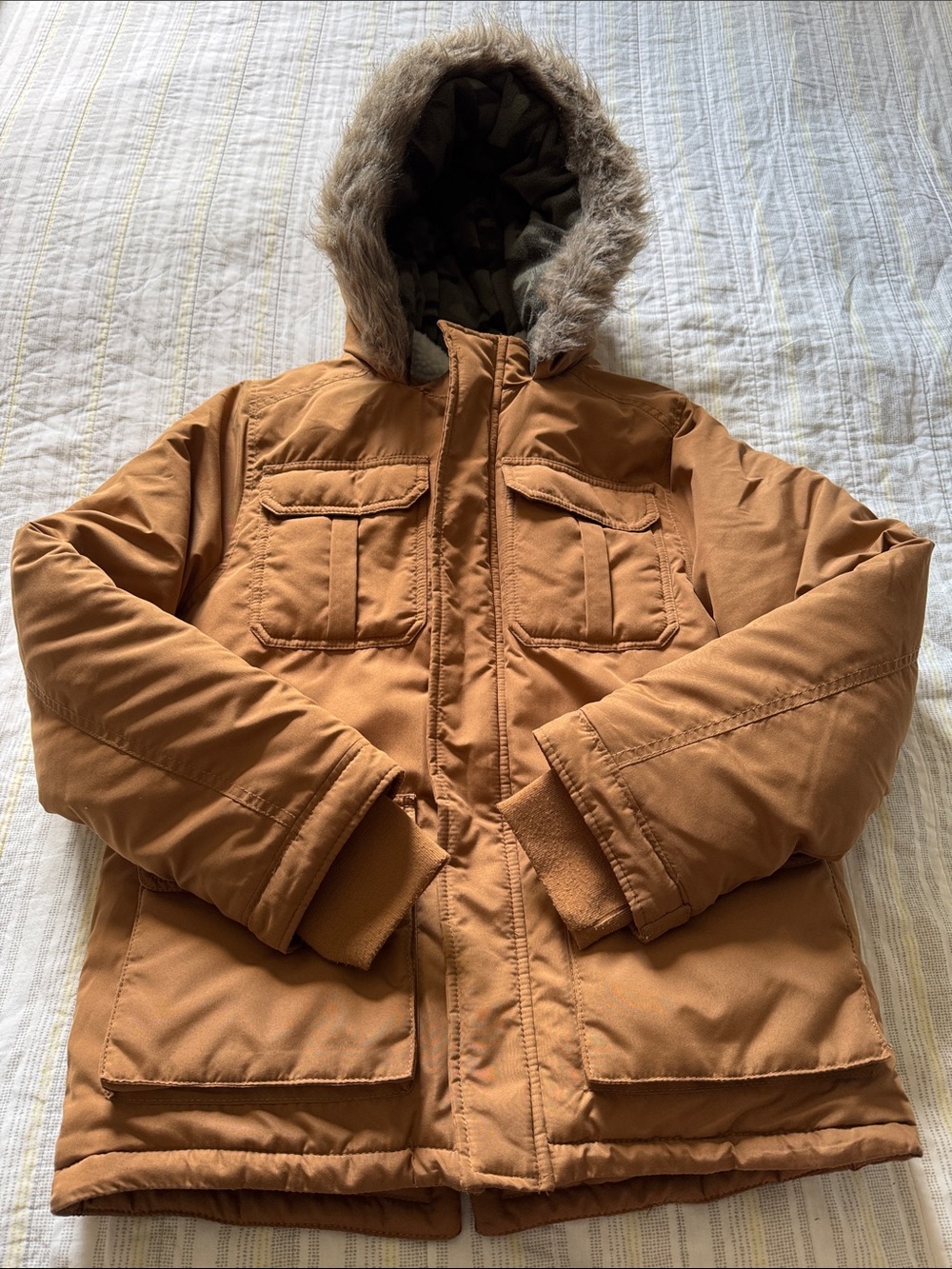 Carter’s Kids Insulated Hooded Parka Jacket in Camel with Faux Fur Trimmed Hood